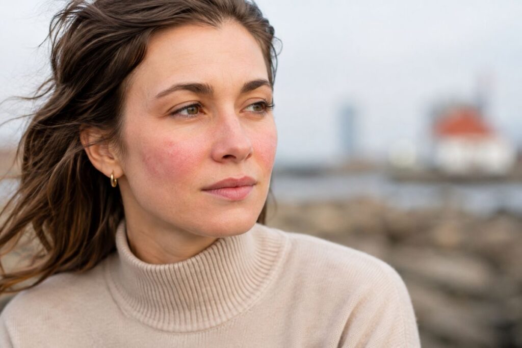 Mujer con ligero enrojecimiento facial asociado a piel sensible y factores ambientales.