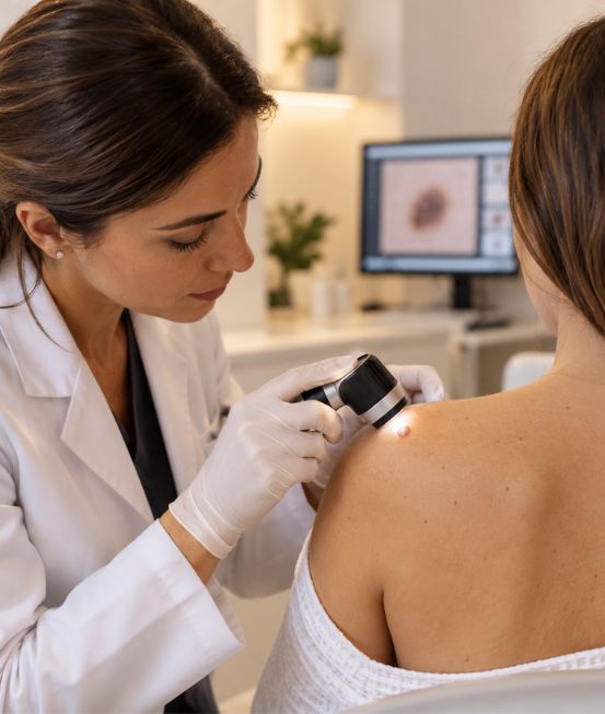 Exploración dermatológica de una lesión con dermatoscopio